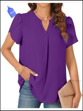 Chiffon V-Neck Blouse Petal Sleeve Tunic Top for Leggings Summer Casual
